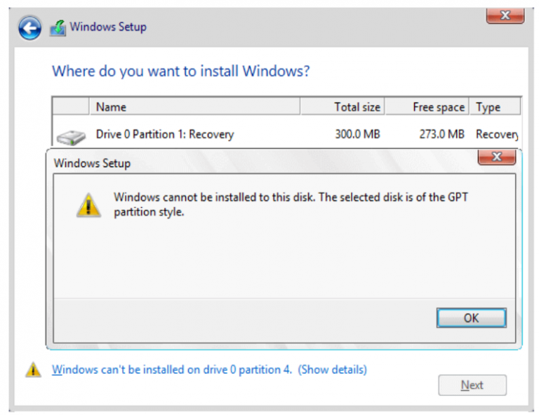 Error 'Windows Cannot Be Installed To This Disk. The Selected Disk Is